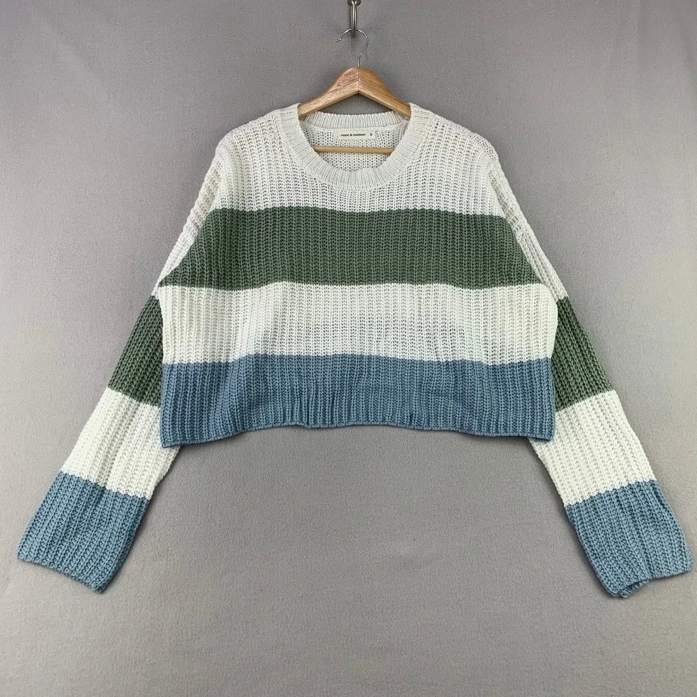 Moon & Madison Colorblock Stripe Sweater Women Small Blue Green White Knit Crop